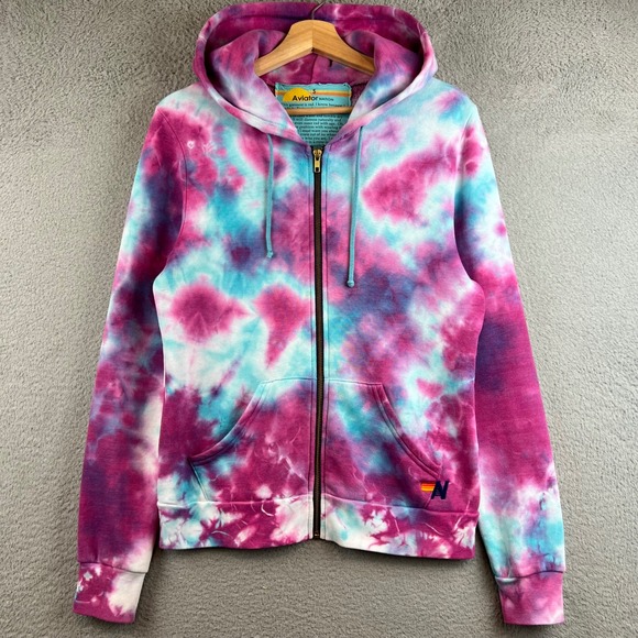 Aviator Nation Tops - Aviator Nation Pink Blue Tie Dye Full Zip Hoodie Sweatshirt Womens Small Logo